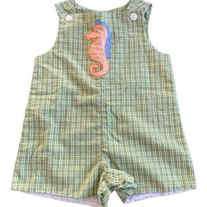 ZU Green Plaid Baby Romper with Seahorse Jon Jon Shortall